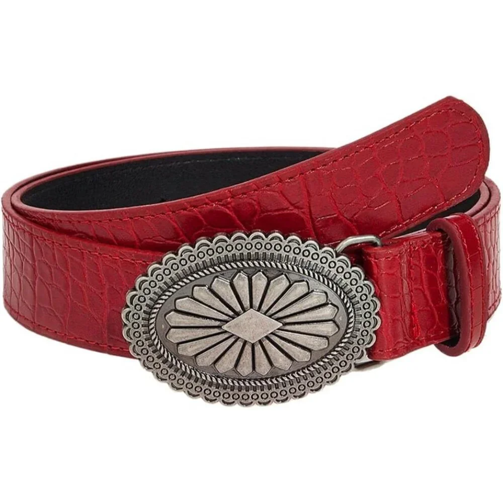 Women Red Faux Leather Western Belt Star Buckle Adjustable for Pants Jeans